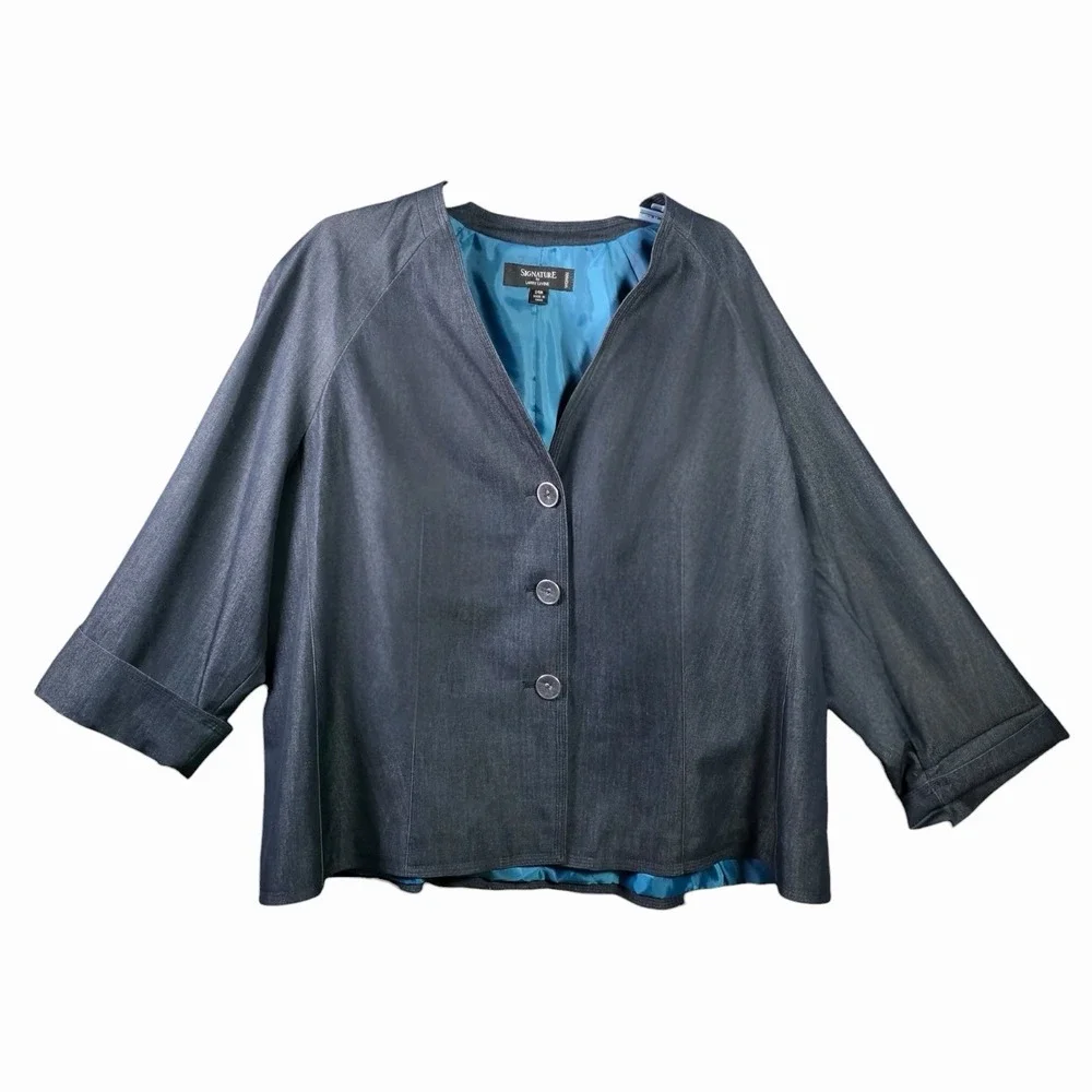 Signature By Larry Levine Womens 24W Blue Denim Look Lined Jacket Blazer